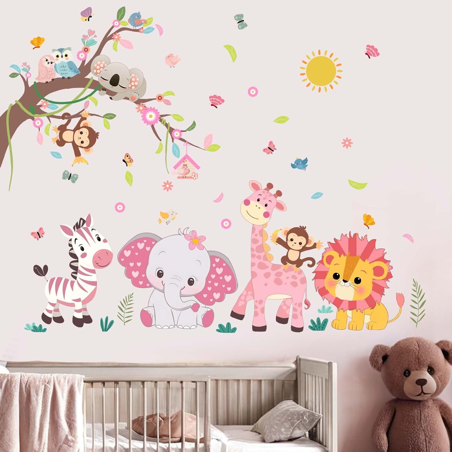 Pink Forest Baby Animals Wall Decals - Elephant Lion Giraffe Monkey Zebra Stickers