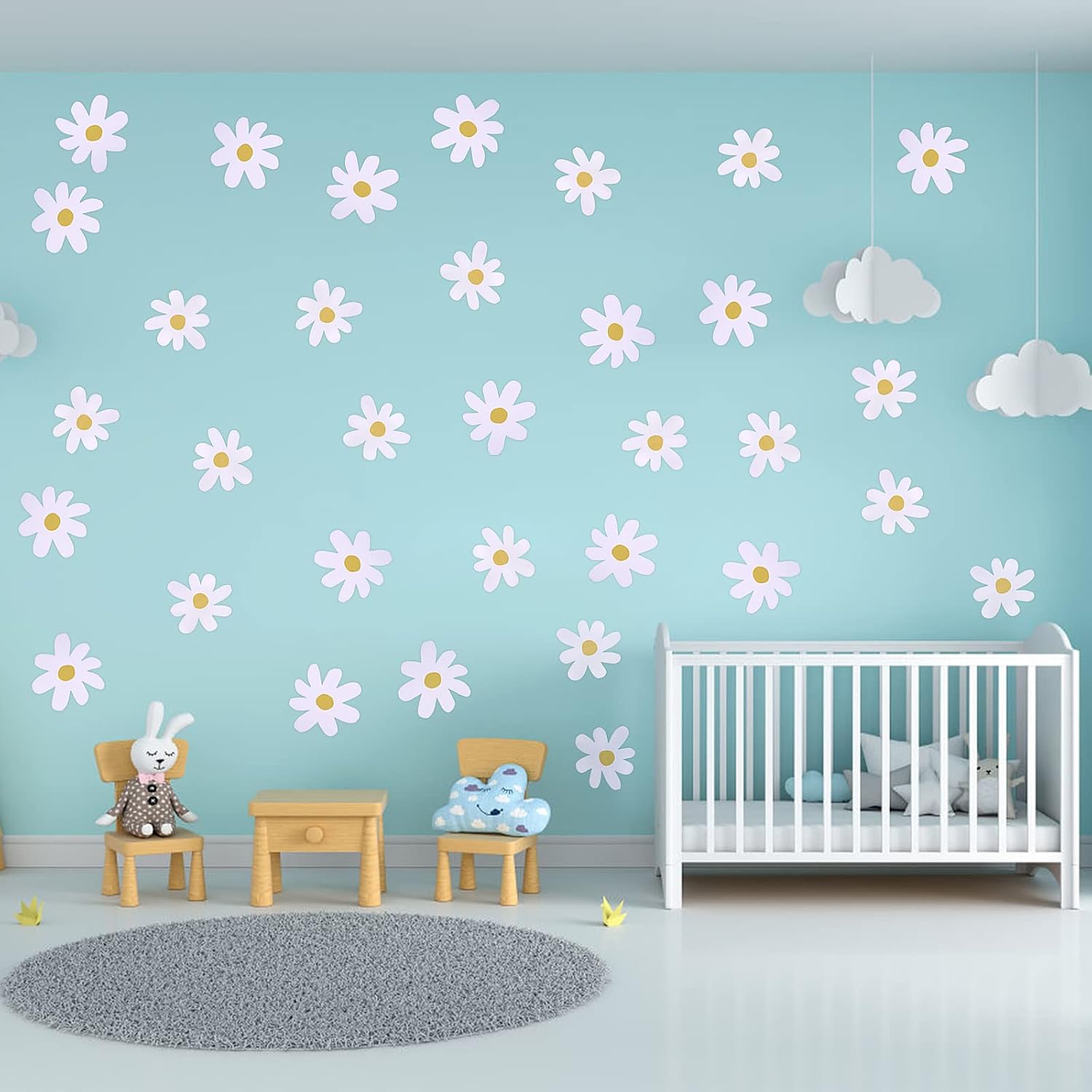 Bremorou 36PCS Retro White Daisy Wall Stickers for Decor
