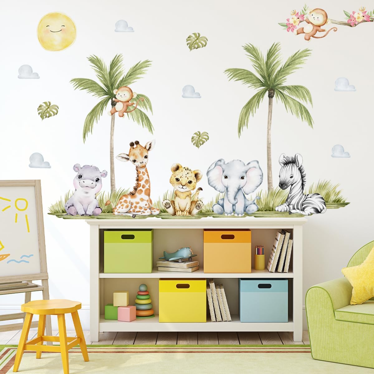 5629 x 4488 Inch Watercolor Animal Wall Decals - Jungle Stickers With Tiger Elephant Zebra Giraffe Monkey Hippo