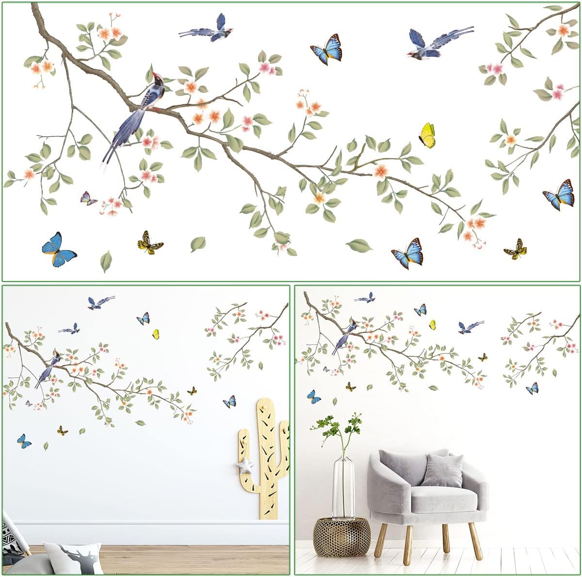 Green Leaf Branch Wall Decals with White Flowers and Butterflies