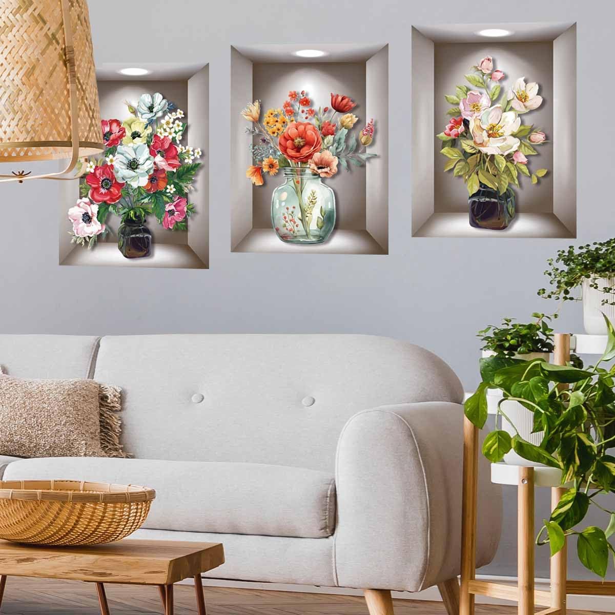 Supzone 3D Vase Wall Stickers - 3 Pcs Vintage Flower Decor