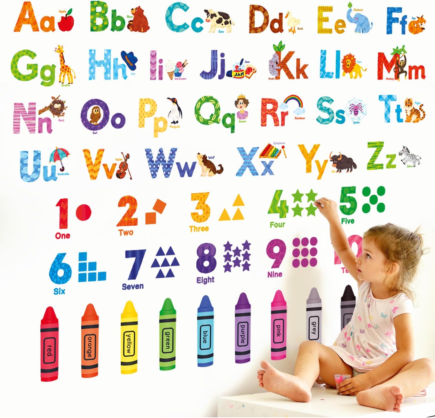 DECOWALL Animal Alphabet Numbers Wall Stickers for Kids Room Decor