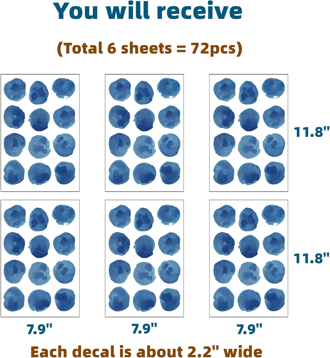 72pcs 22 Inch Sea Blue Polka Dots Wall Stickers for Kids Removable Peel and Stick Decor