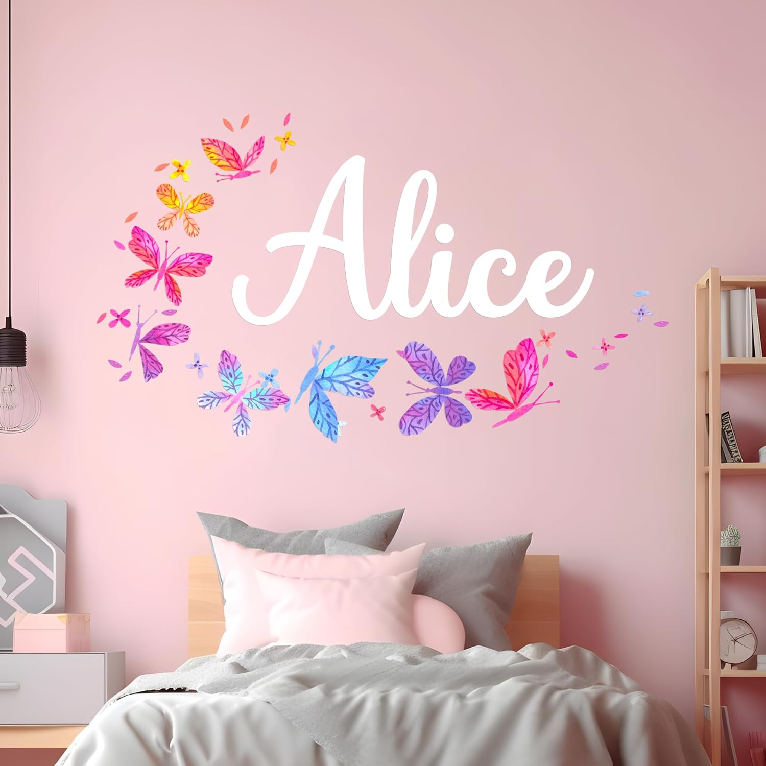 Personalized Name Wall Decals for Girls Bedroom - Butterfly Pink Room Decor with Rainbow Choices - Multiple Sizes