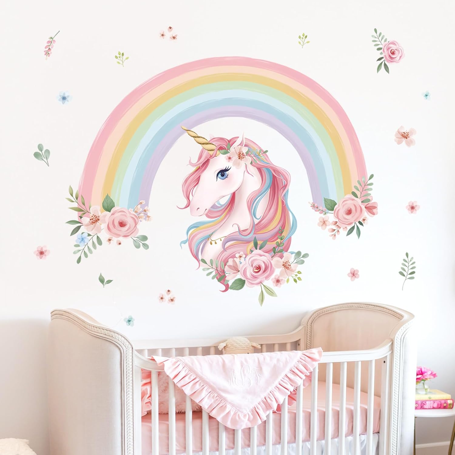 Wondever Large Rainbow Unicorn Wall Art Stickers for Kids Bedroom and Baby Nursery