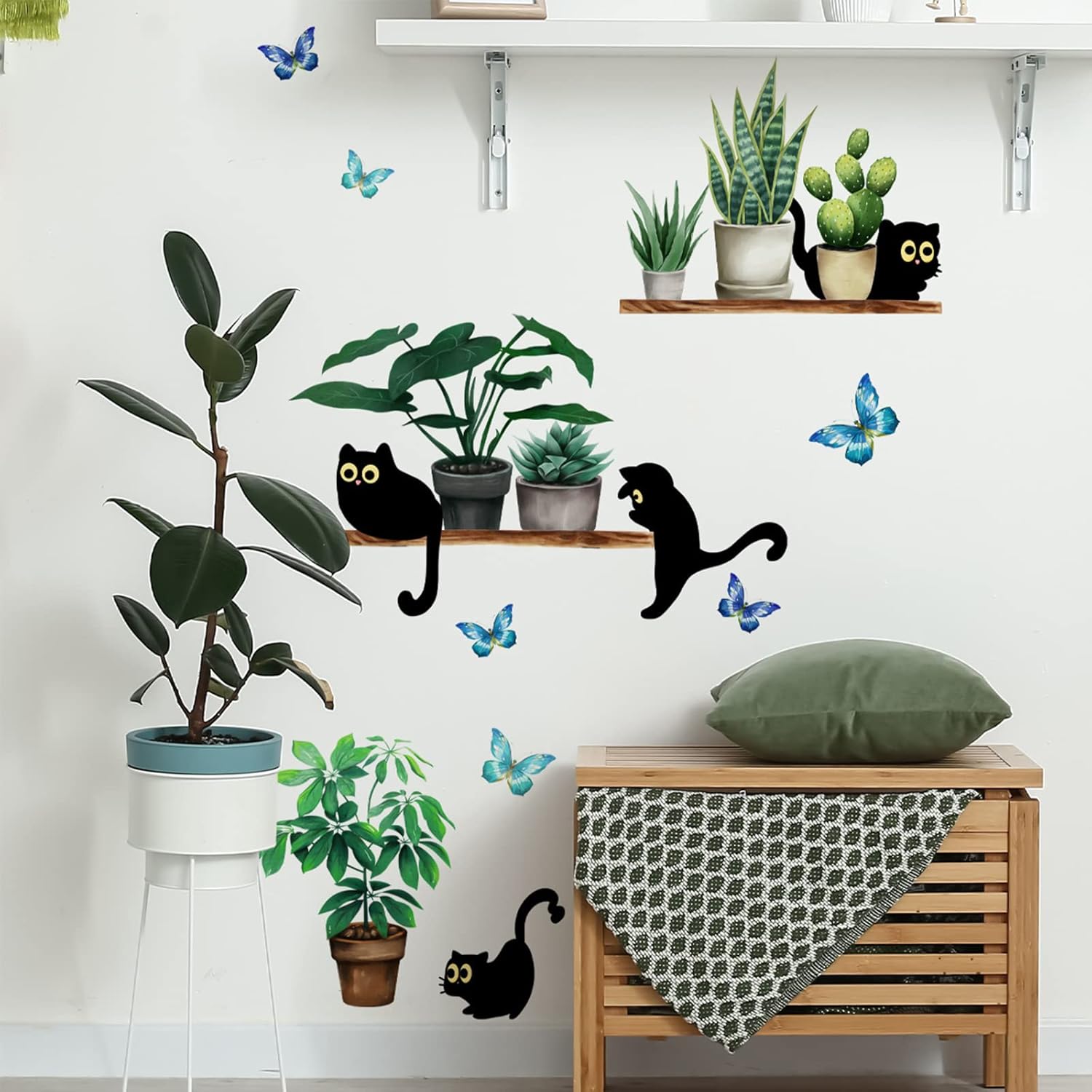 Black Cats Potted Plant Wall Decals Bonsai Stickers