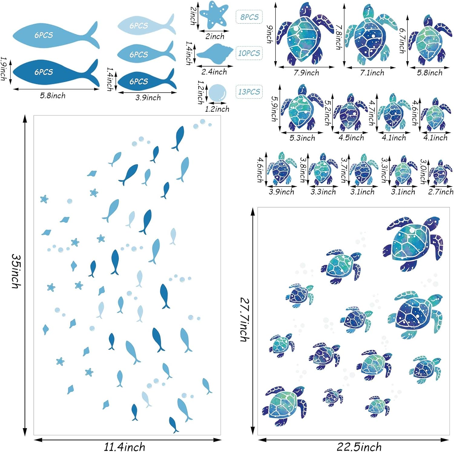 Outus 2 Sets Sea Turtle Wall Decals Stickers 3D Ocean Decor
