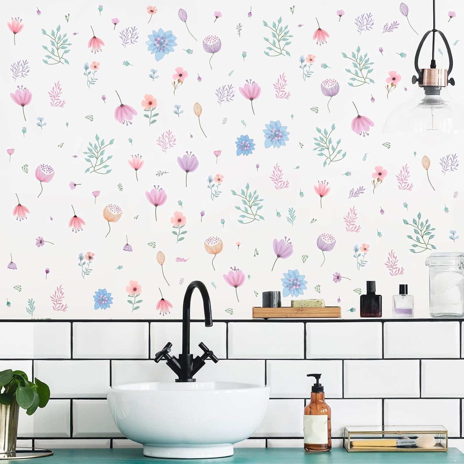 Small Floral Wall Stickers Watercolor Boho Decor Peel and Stick