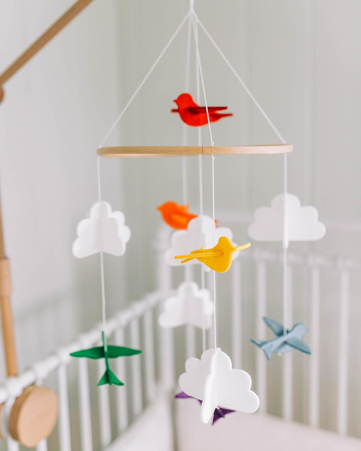 Baby Crib Mobile Rainbow Birds in Clouds with Garland