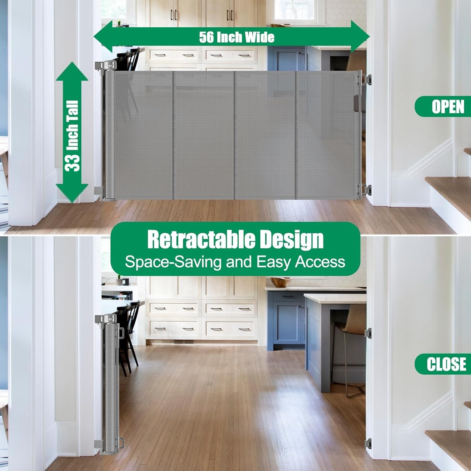 Reinforced Retractable Dog Gate 56 Inch Gray