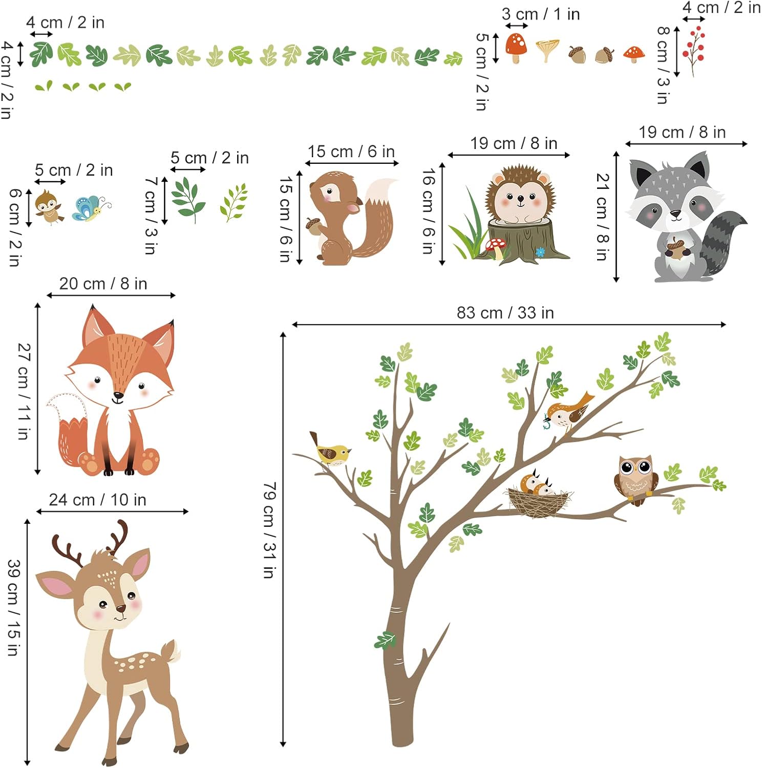 Decalmile Woodland Animals Tree Wall Decals