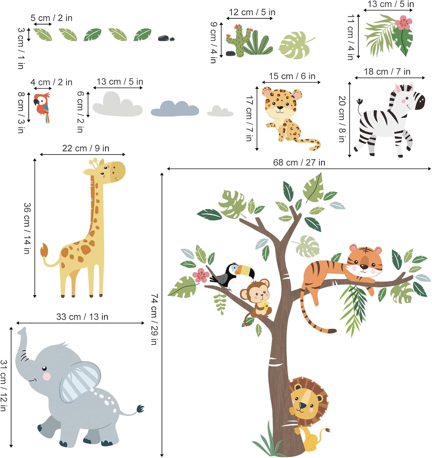 Jungle Animals Tree Wall Decals for Kids Room and Baby Nursery