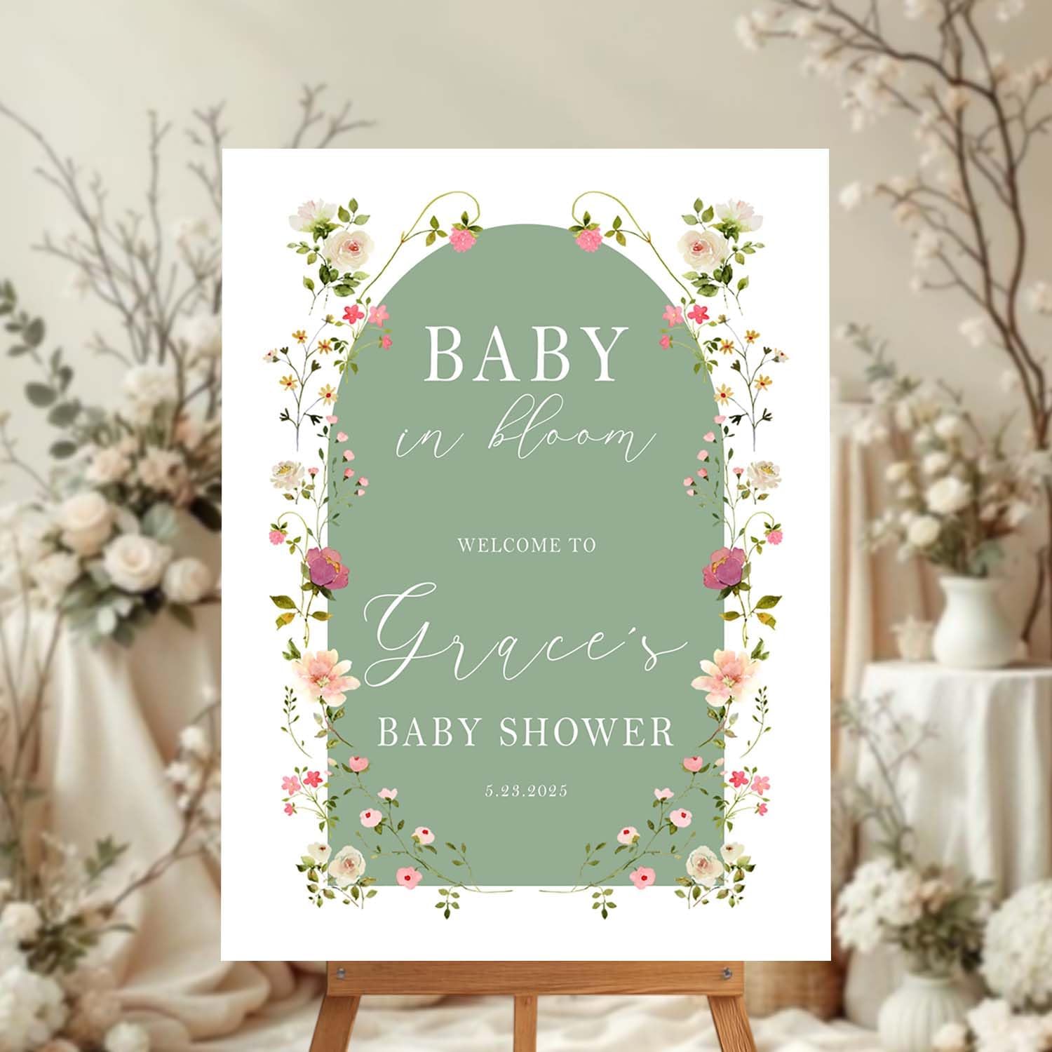 Personalized Green Arch Baby Shower Welcome Sign - Elegant Girl Entrance Decor