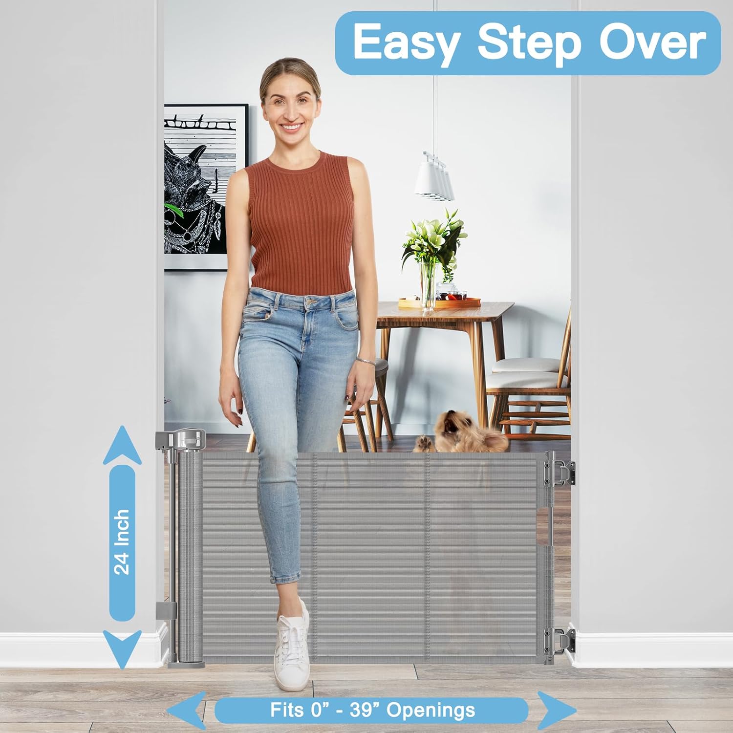 Narrow Baby Gate 24 Tall Retractable for Stairs and Doorways Gray