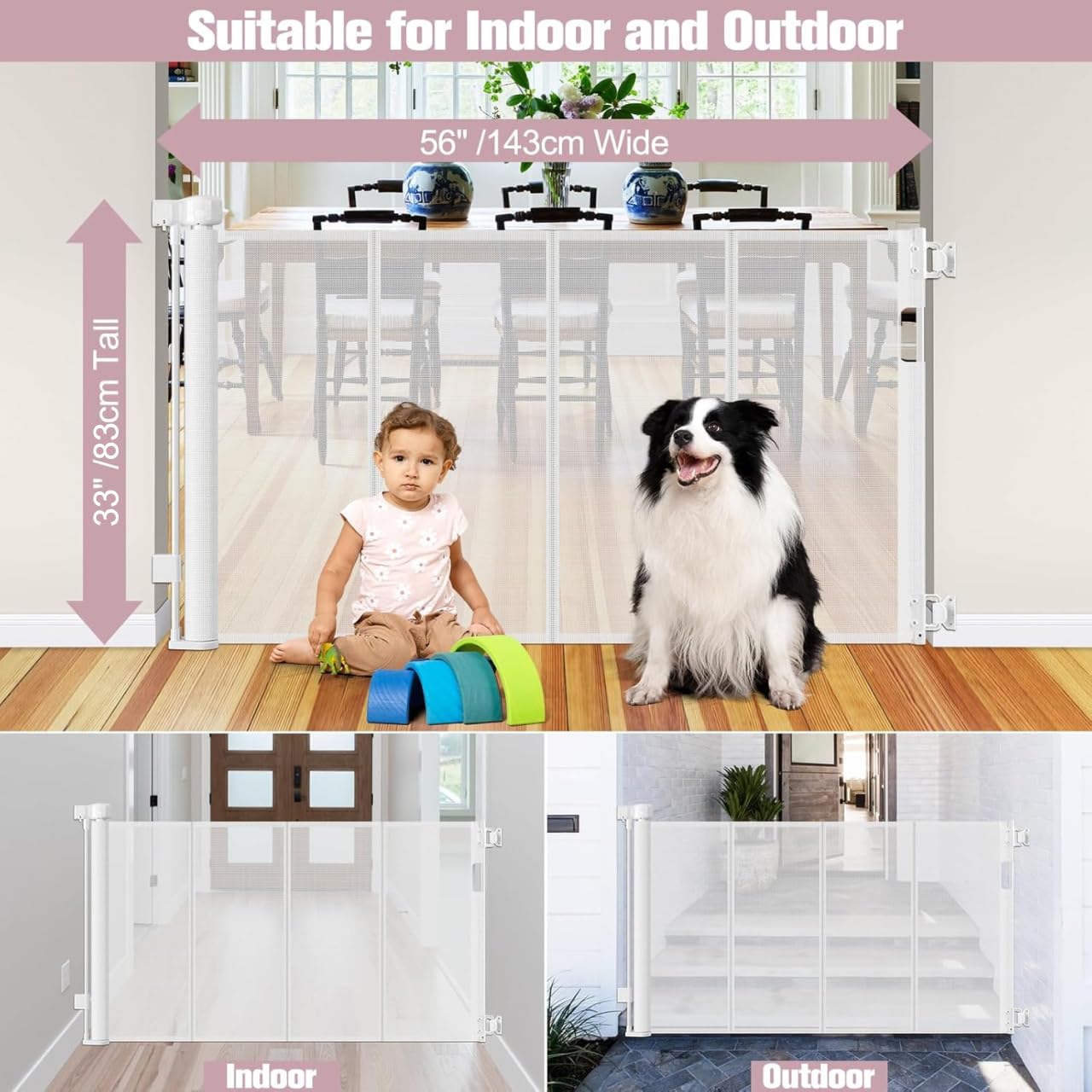 56 Inch Retractable Dog Gate with Reinforced Strip - White