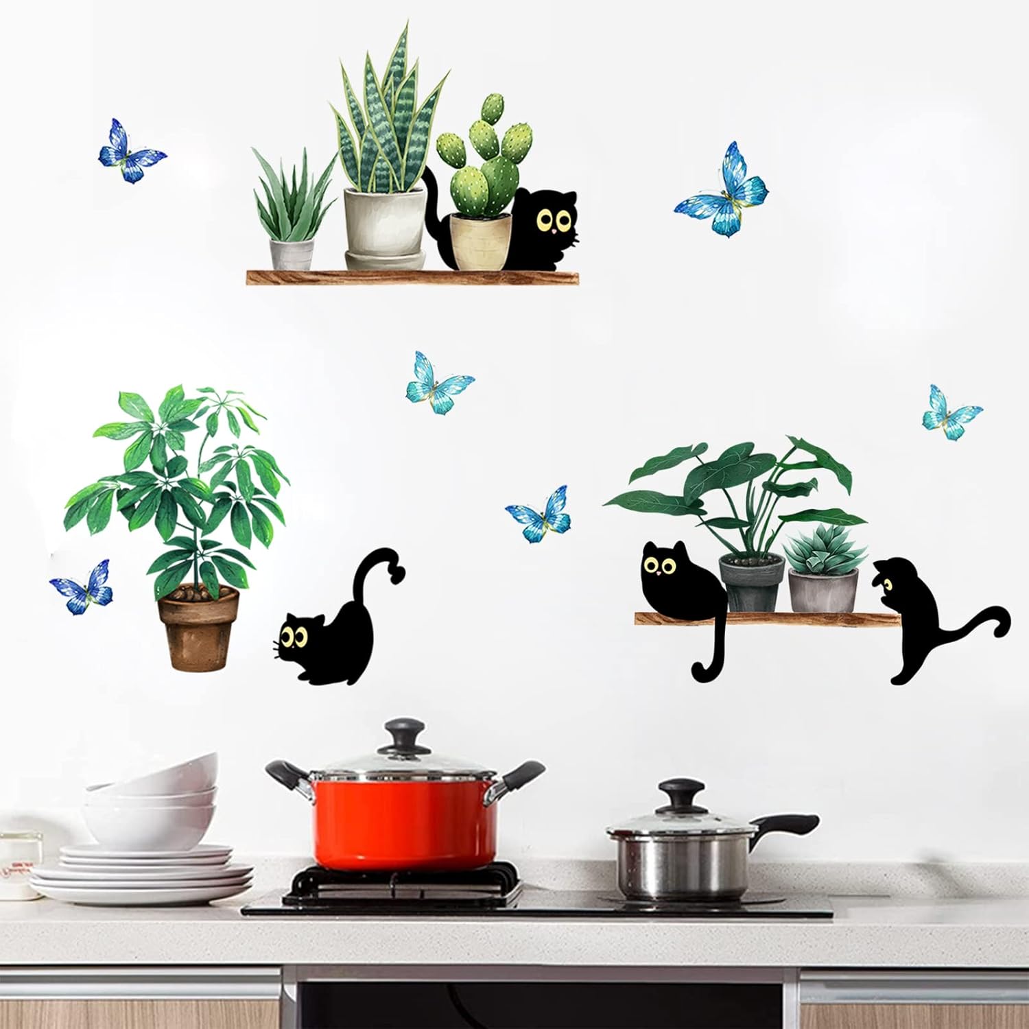Black Cats Potted Plant Wall Decals Bonsai Stickers