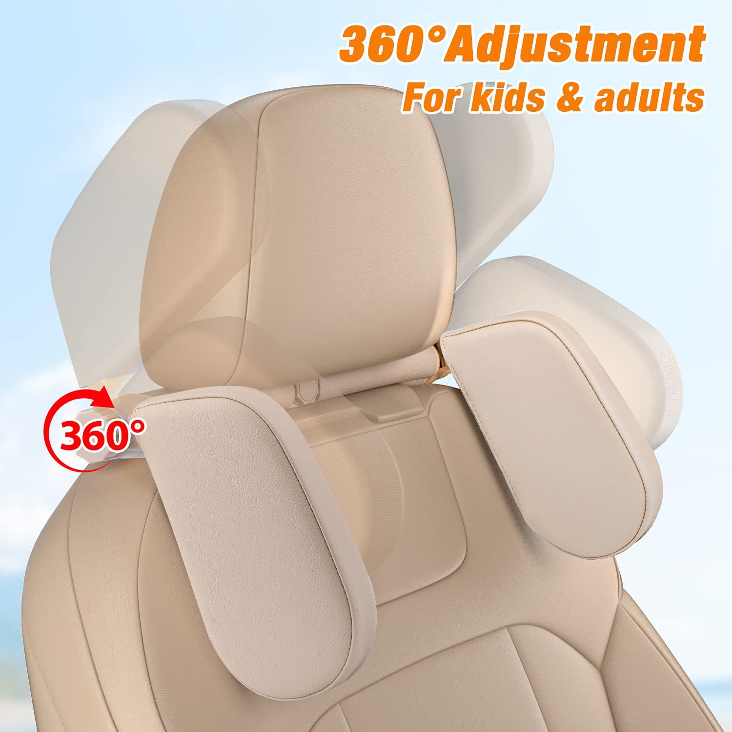 Car Seat Headrest Pillow 360 Adjustable for Adults and Kids - Beige