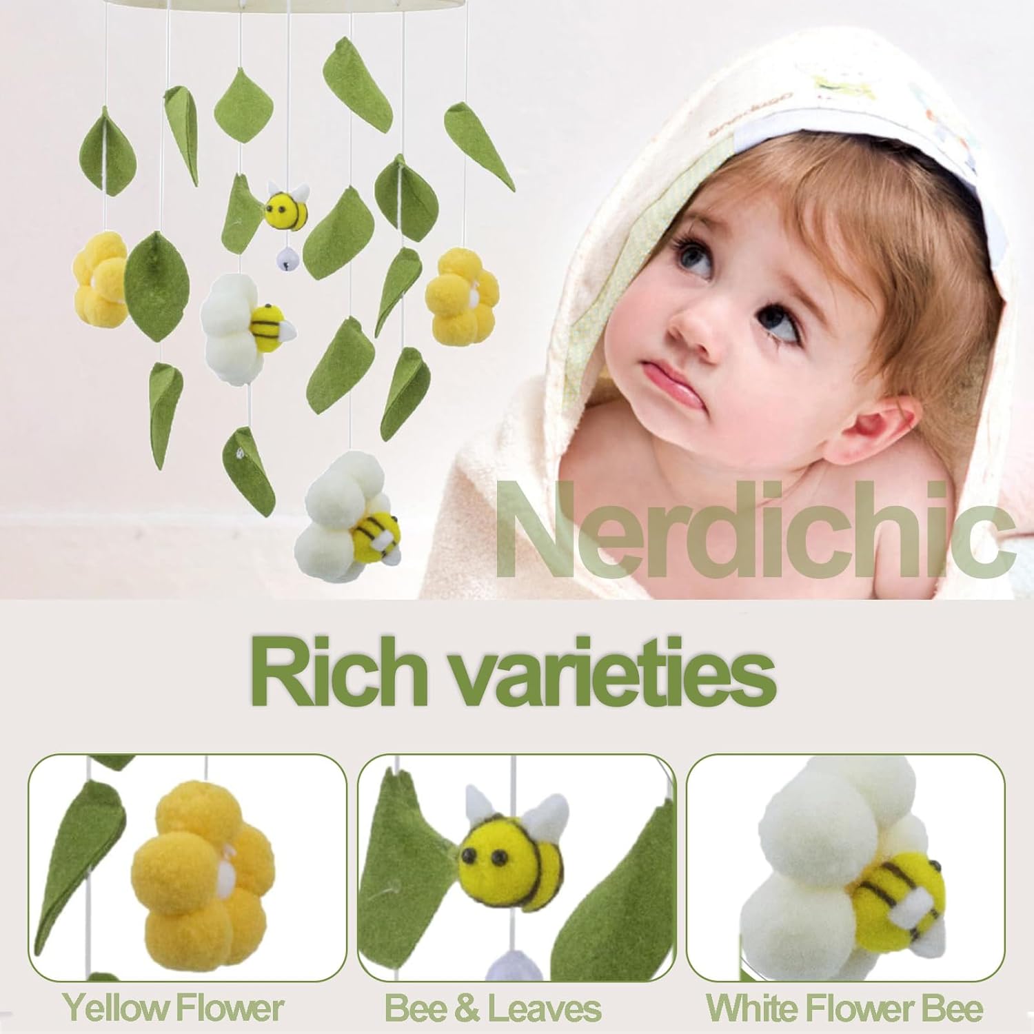 Baby Crib Mobile with Bees and Green Leaves