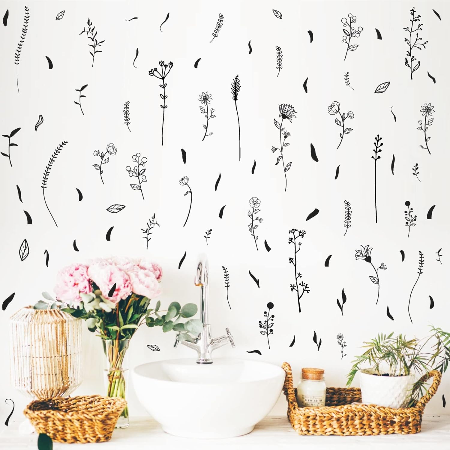 Kazova Black Wildflower Wall Stickers for Kids Room Bedroom Decor