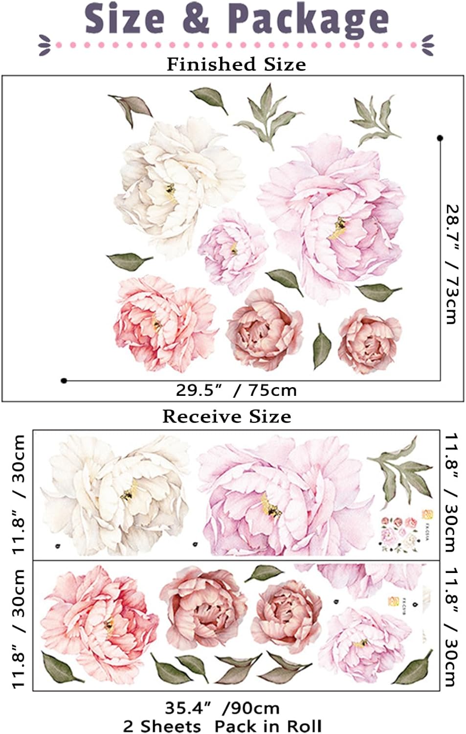 Watercolor Peony Flowers Wall Decals for Bedroom and Living Room
