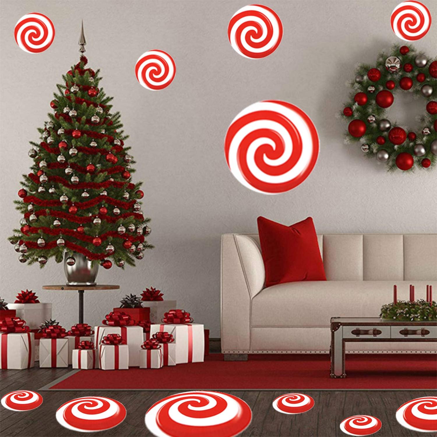 24 PCS Peppermint Floor Decals Stickers - 3 Sizes Christmas Candy Party Decorations