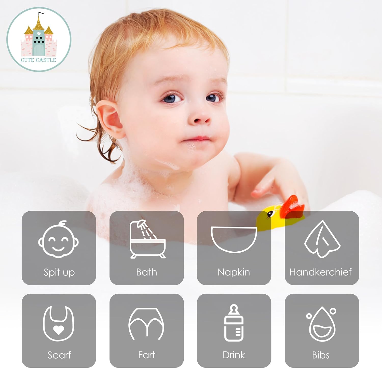 Cute Castle 12 Pack Muslin Baby Washcloths - 12x12 Inches