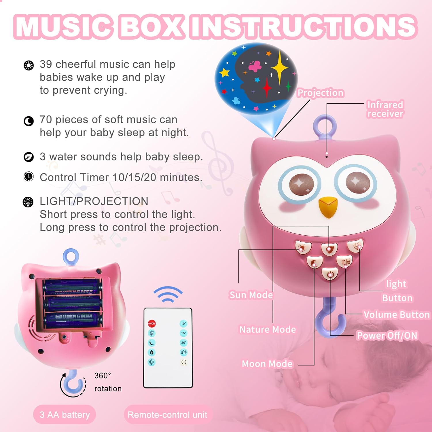 YUNGCHI Baby Crib Mobile with Music and Lights