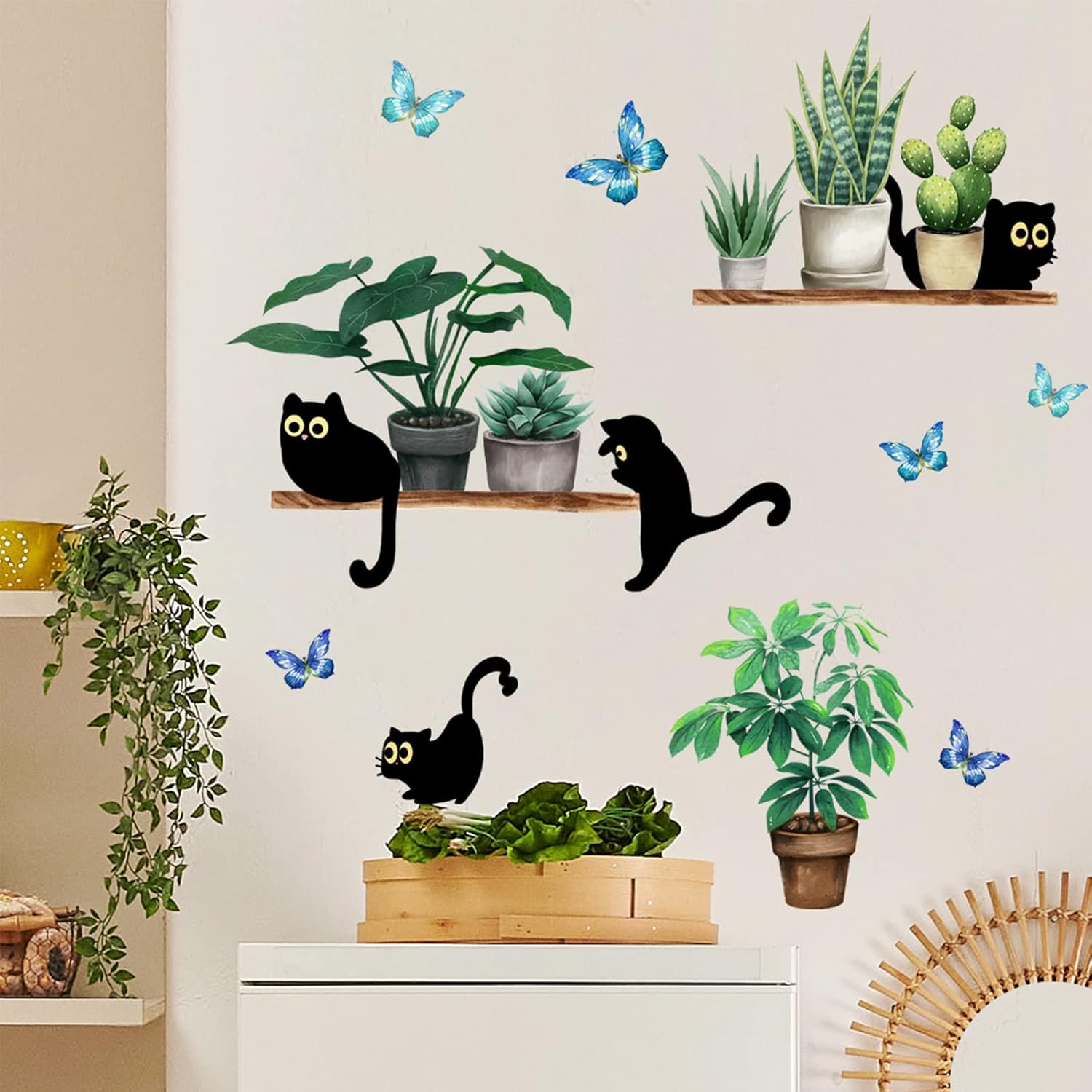 Black Cats Potted Plant Wall Decals Bonsai Stickers
