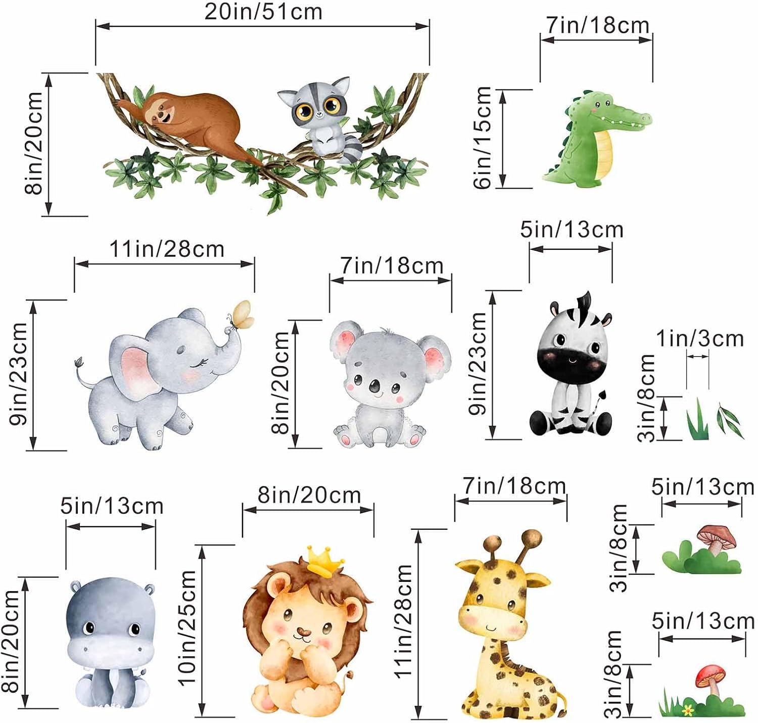 Jungle Baby Animals Wall Stickers - Elephant Lion Tiger Giraffe Room Decor