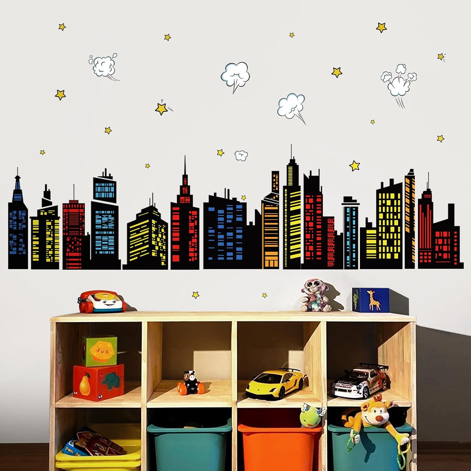 Colorful City Skyline Wall Decals for Bedroom Playroom and Toddler Room