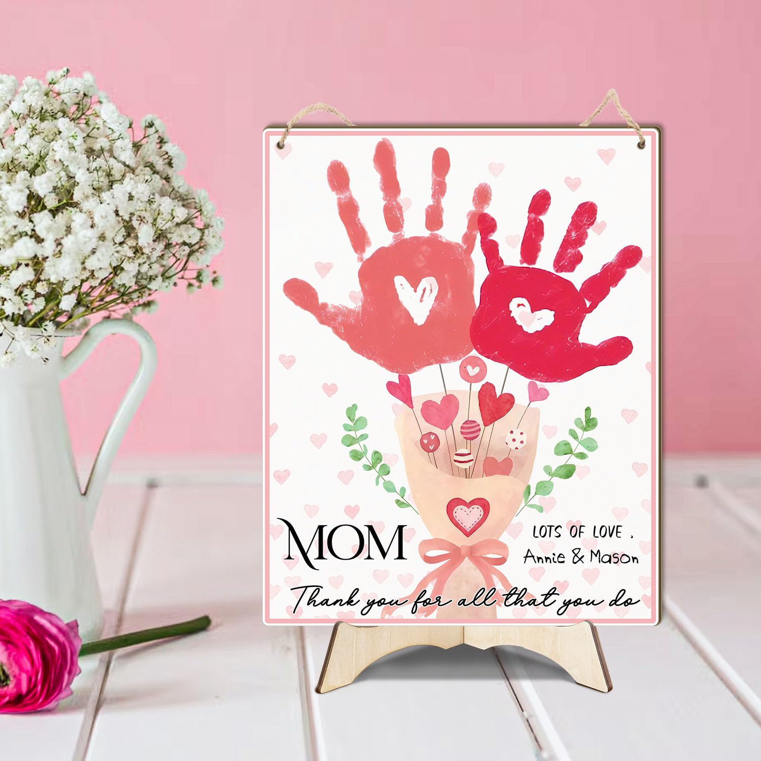 Mom Pink Floral Bouquet DIY Handprint Art Craft Keepsake