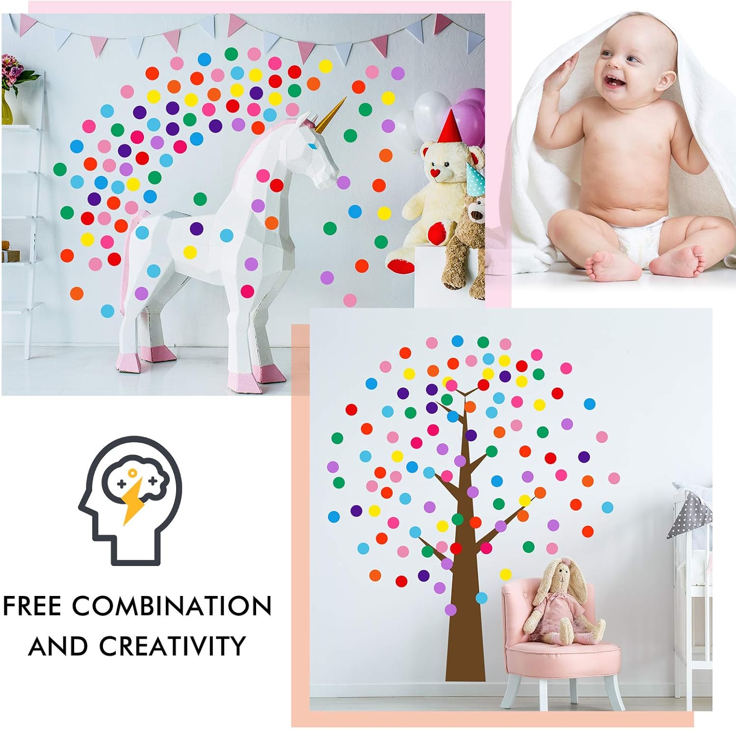 Zonon 240 Piece Rainbow Polka Dot Wall Decals