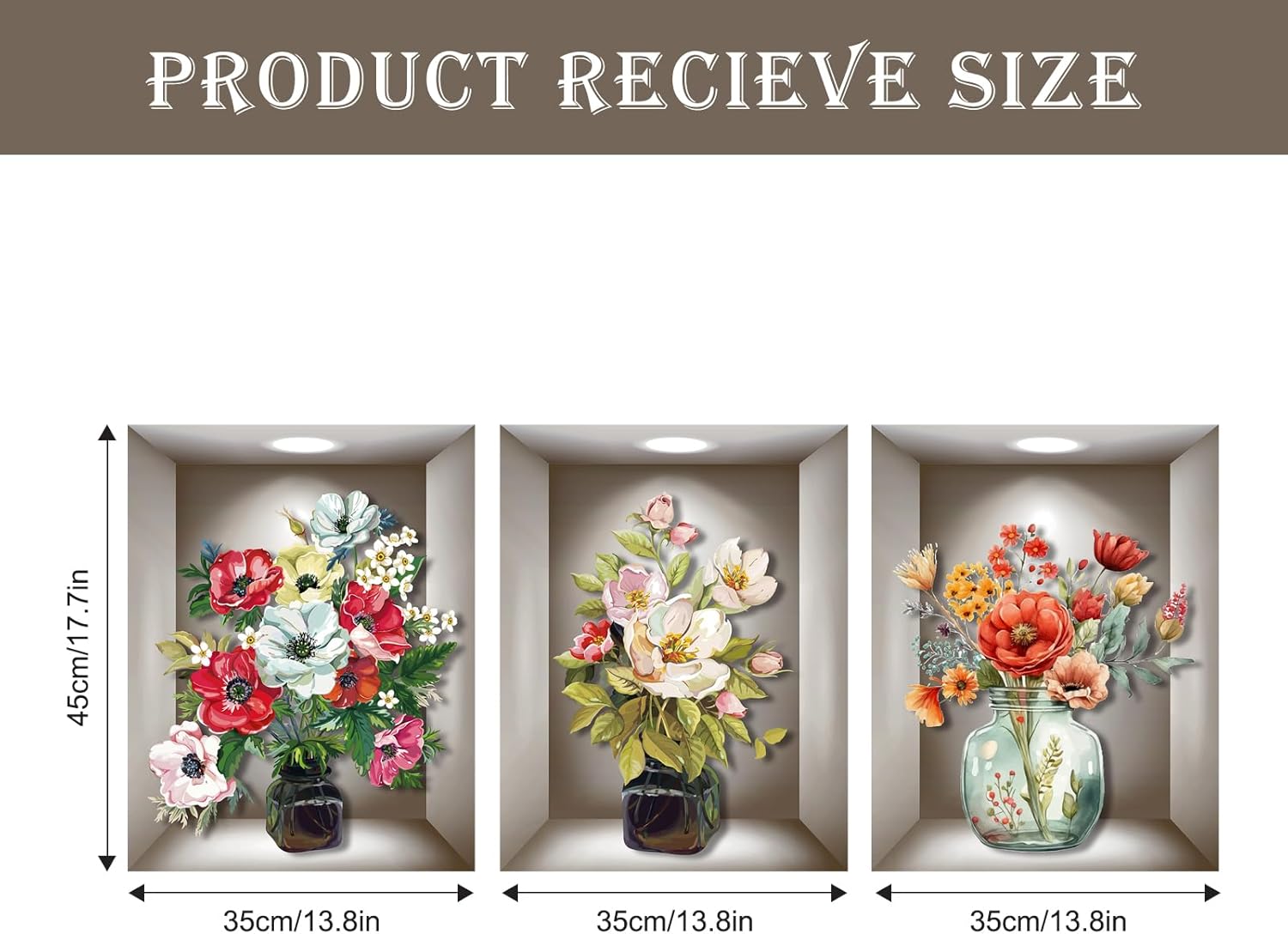 Supzone 3D Vase Wall Stickers - 3 Pcs Vintage Flower Decor