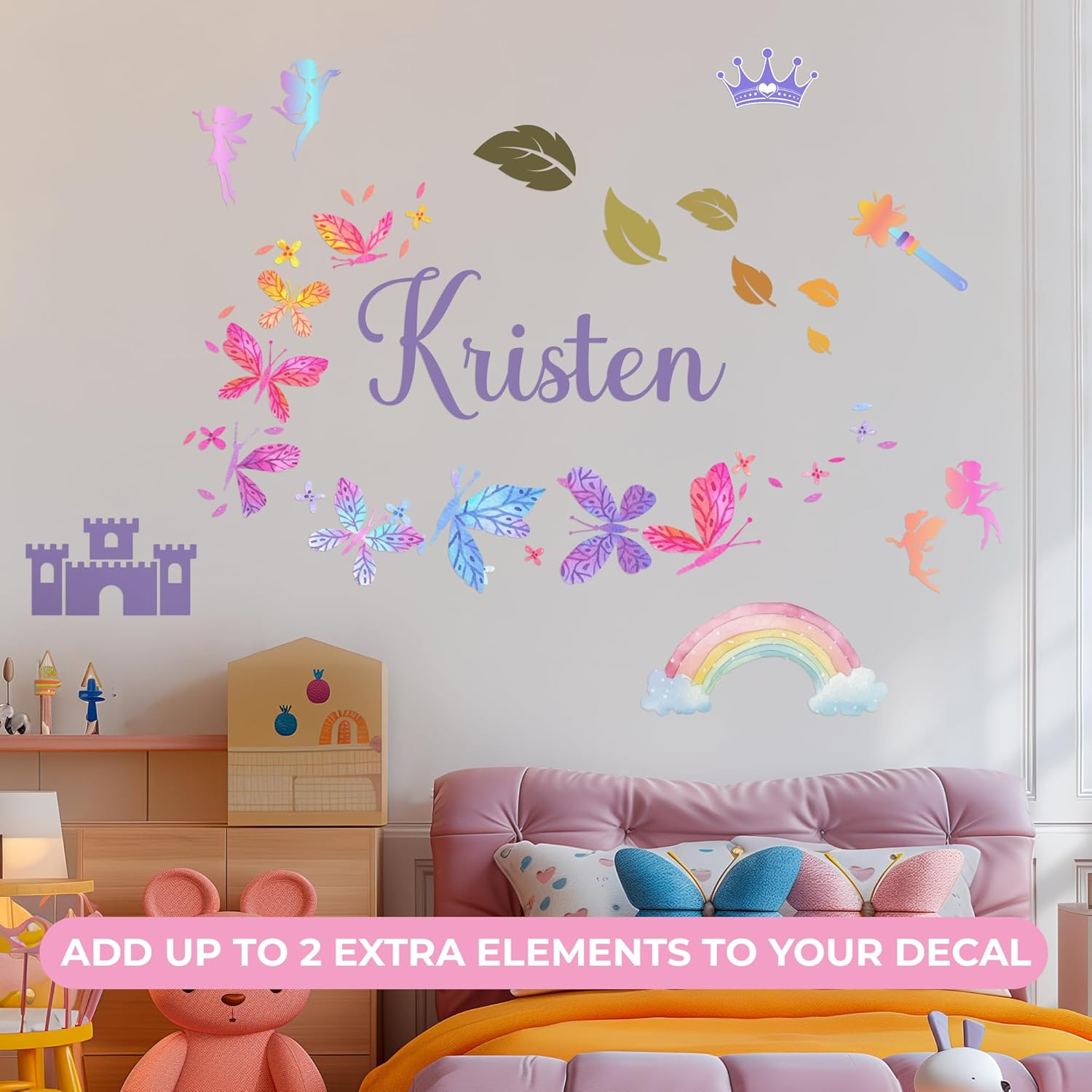 Personalized Name Wall Decals for Girls Bedroom - Butterfly Pink Room Decor with Rainbow Choices - Multiple Sizes