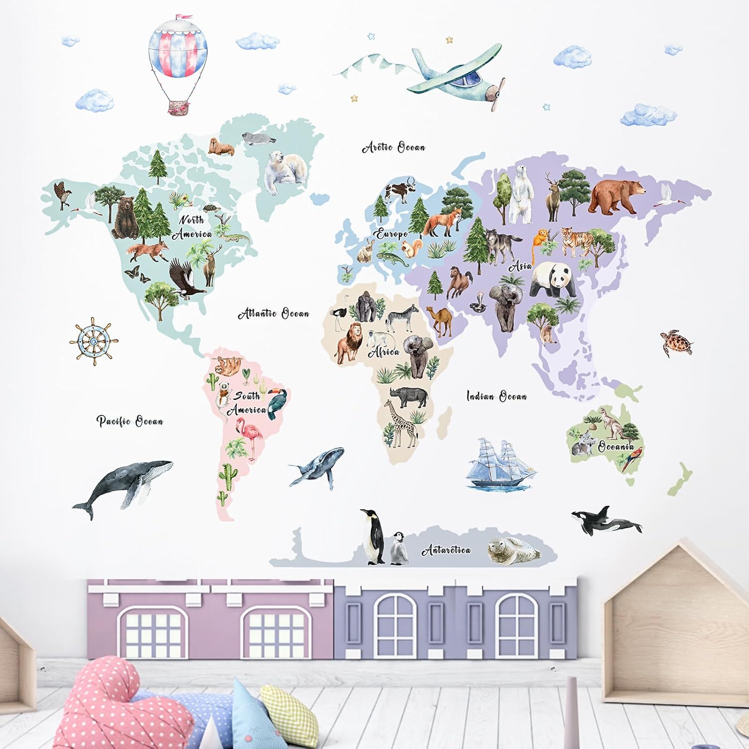 iinuu Animal World Map Wall Decals for Kids
