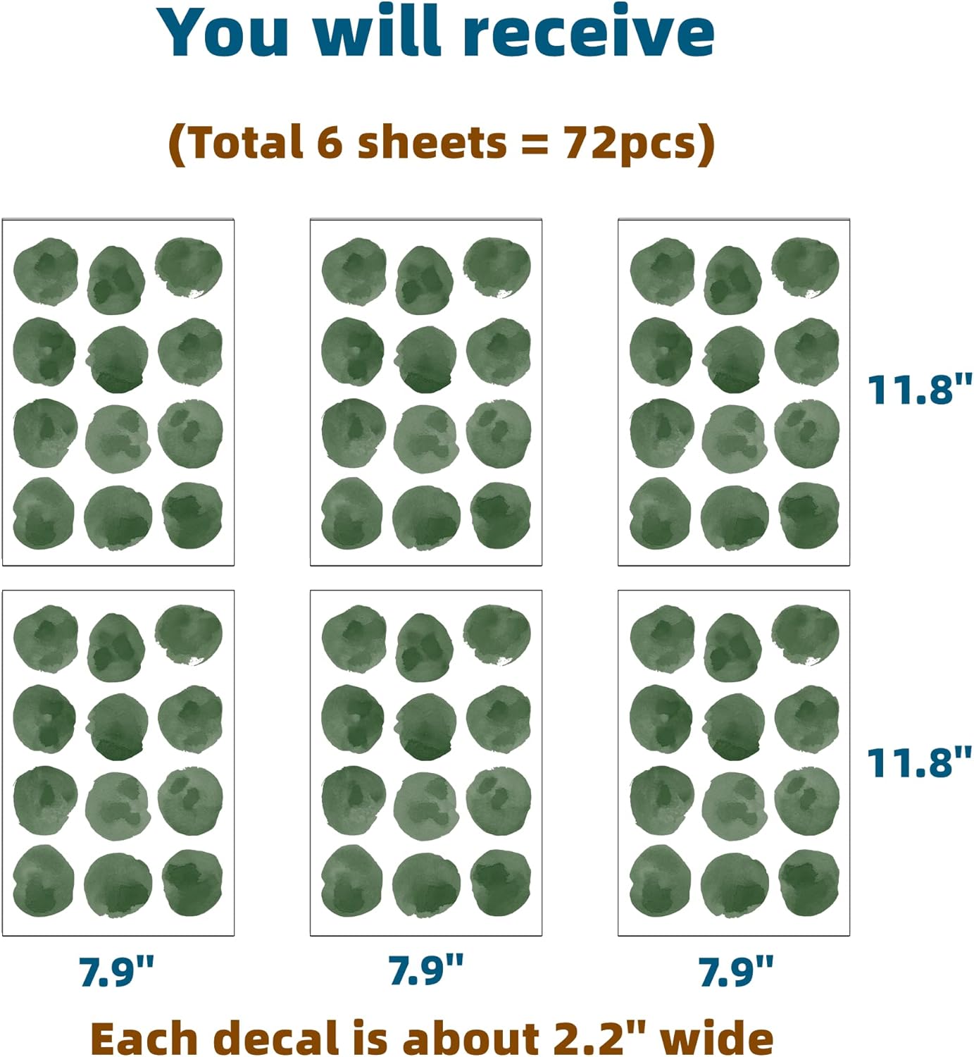 72pcs 22 Black Green Polka Dots Wall Decals for Kids