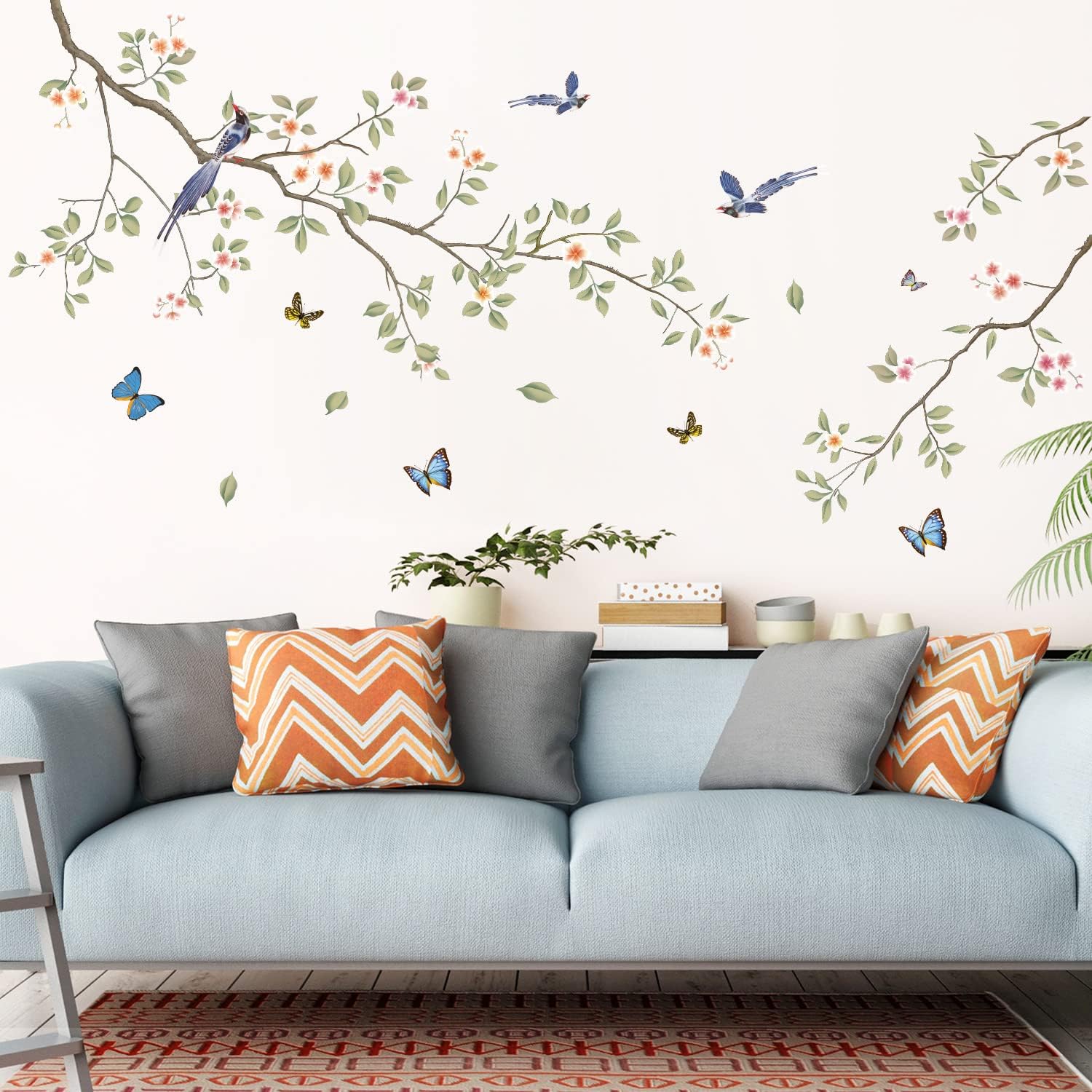 Green Leaf Branch Wall Decals with White Flowers and Butterflies