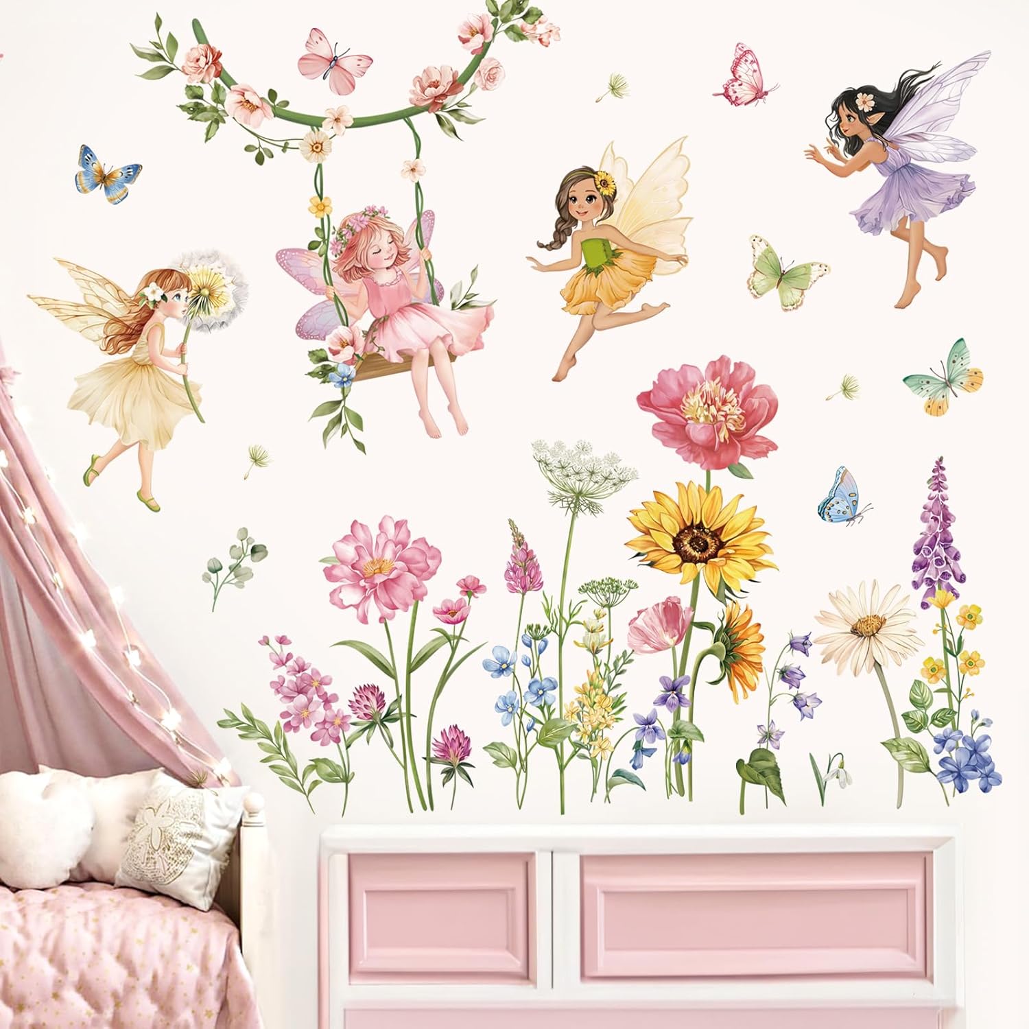 Flower Fairy Wall Decals Butterfly Girl with Wildflower Sunflower Decor Stickers