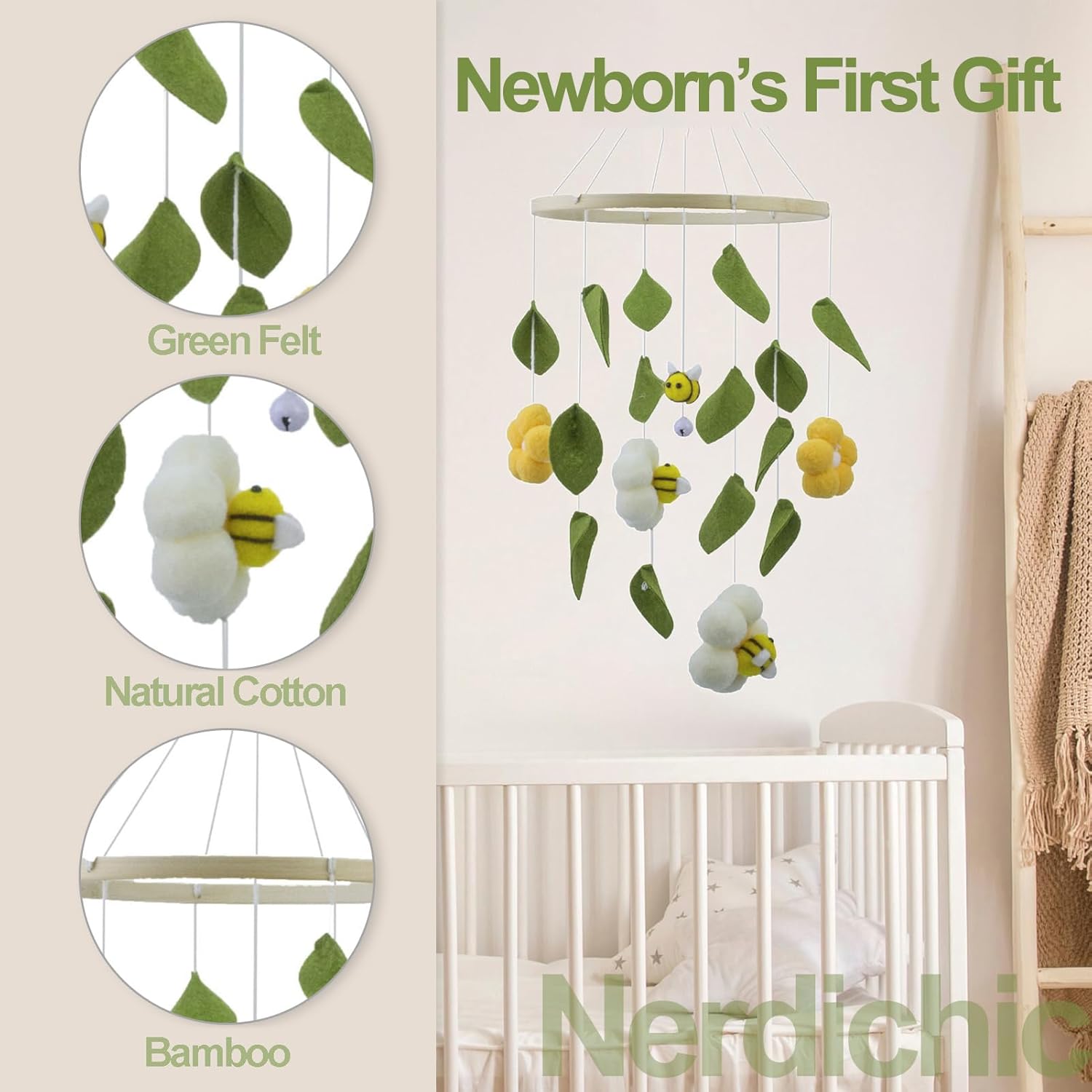 Baby Crib Mobile with Bees and Green Leaves