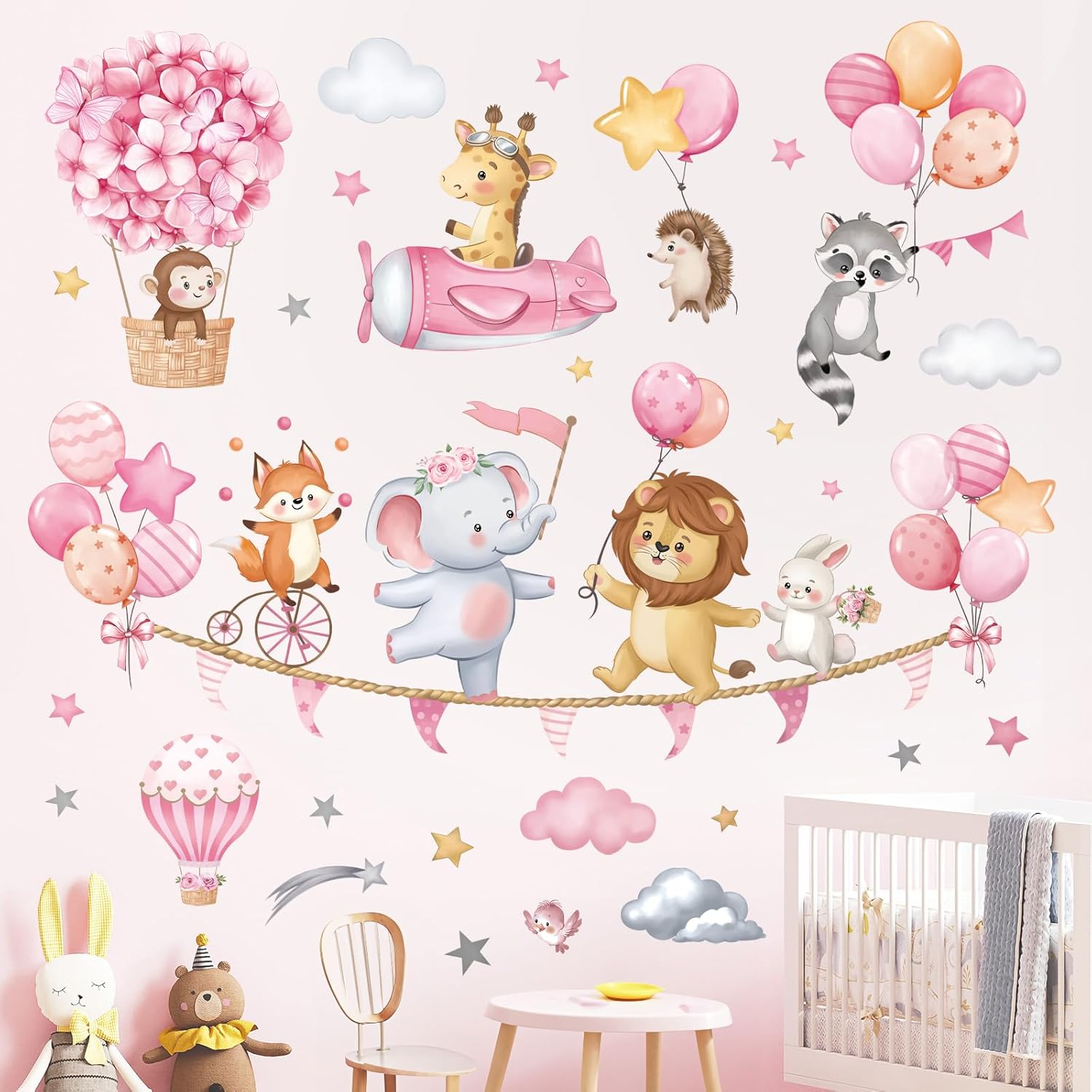 Pink Animal Hot Air Balloon Wall Decals for Girls Room