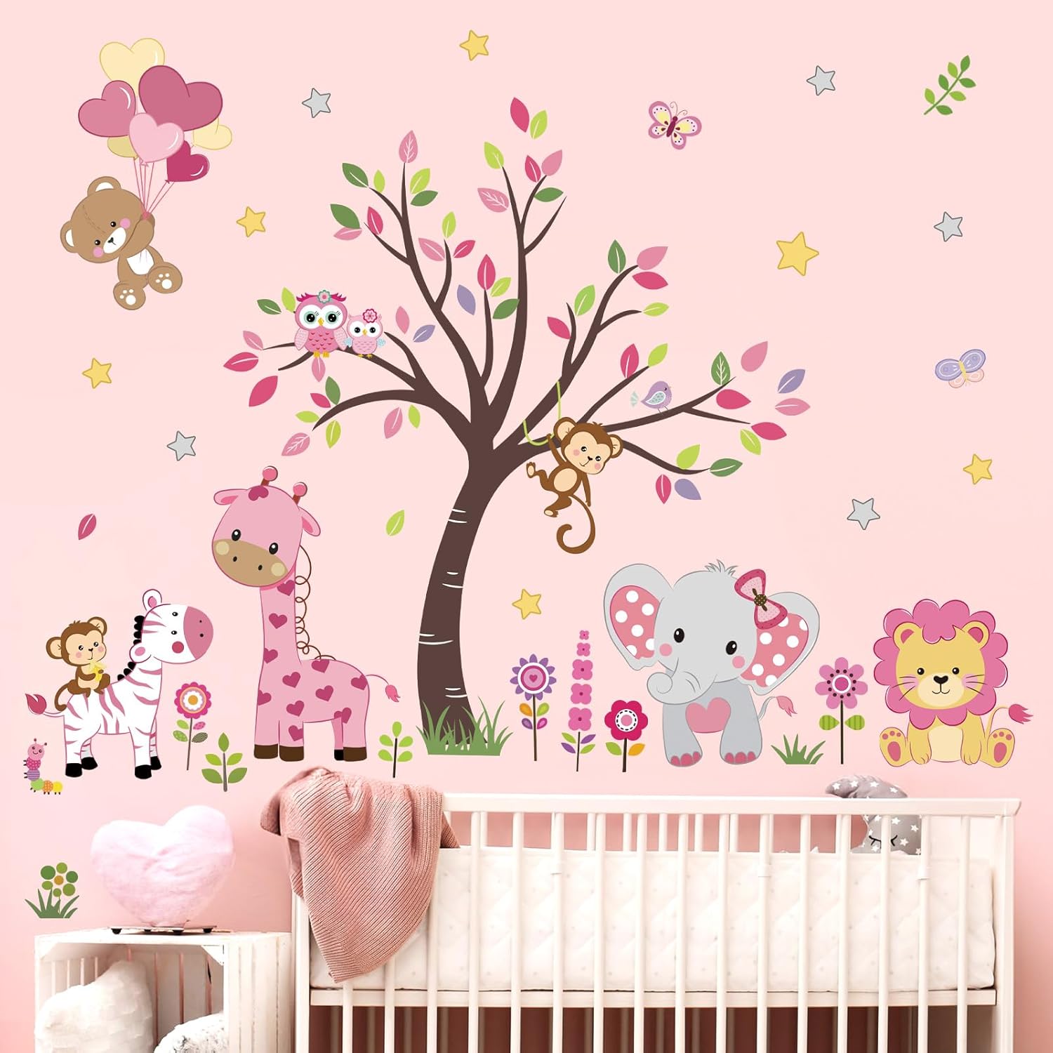 Pink Animal Tree Wall Decals for Girls Bedroom and Nursery