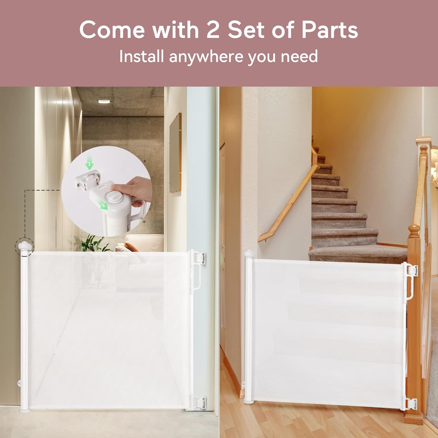 Retractable Baby Gate with Double Lock and No Bottom Rails