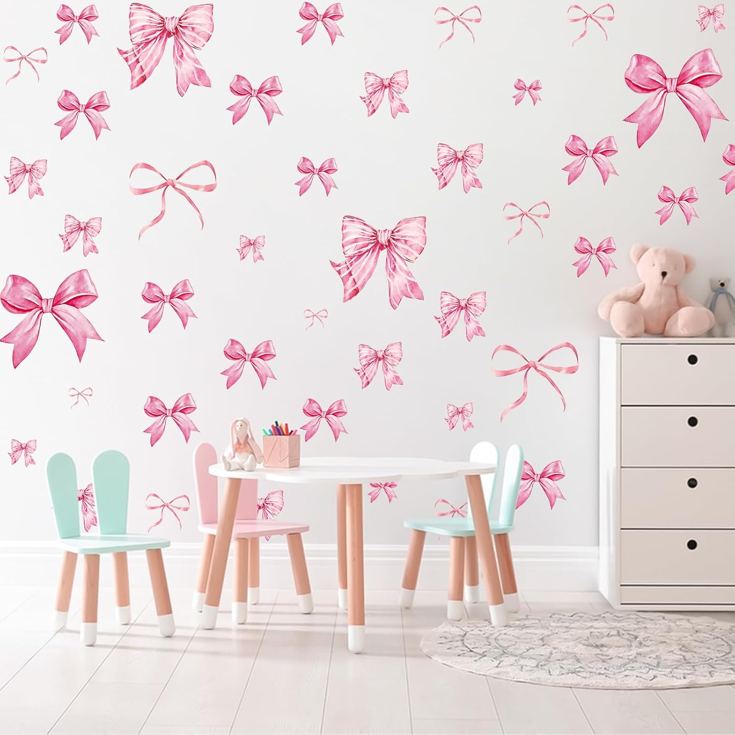 Pink Bow Wall Stickers 8 Sheets 46 Pcs Decor for Nursery and Girls Room