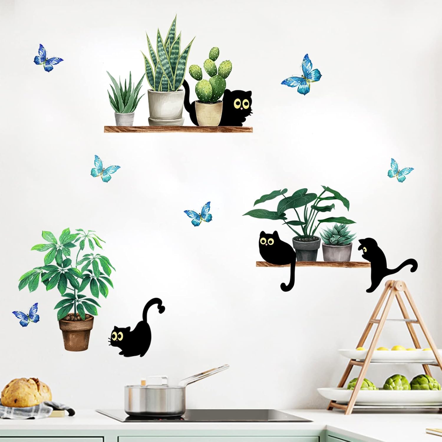 Black Cats Potted Plant Wall Decals Bonsai Stickers