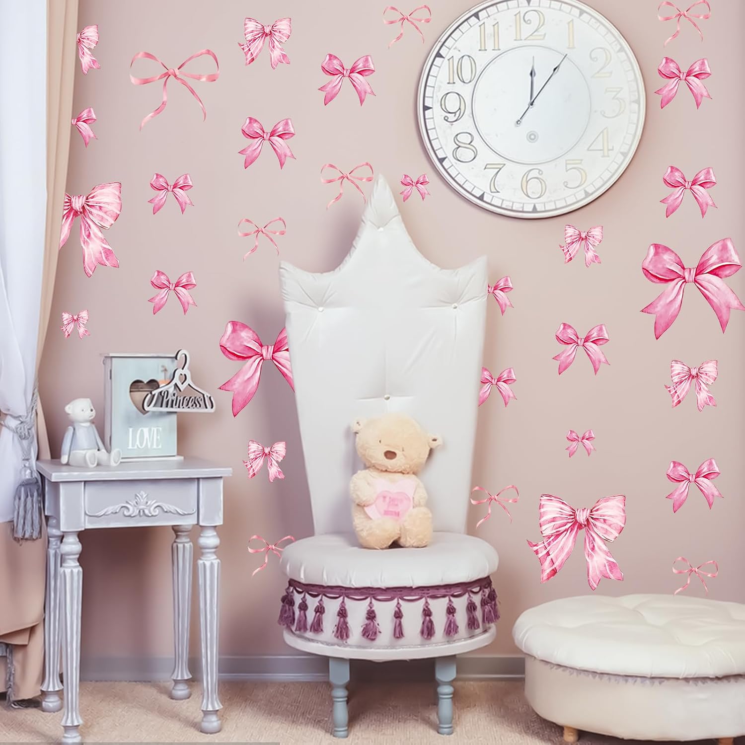 Pink Bow Wall Stickers 8 Sheets 46 Pcs Decor for Nursery and Girls Room