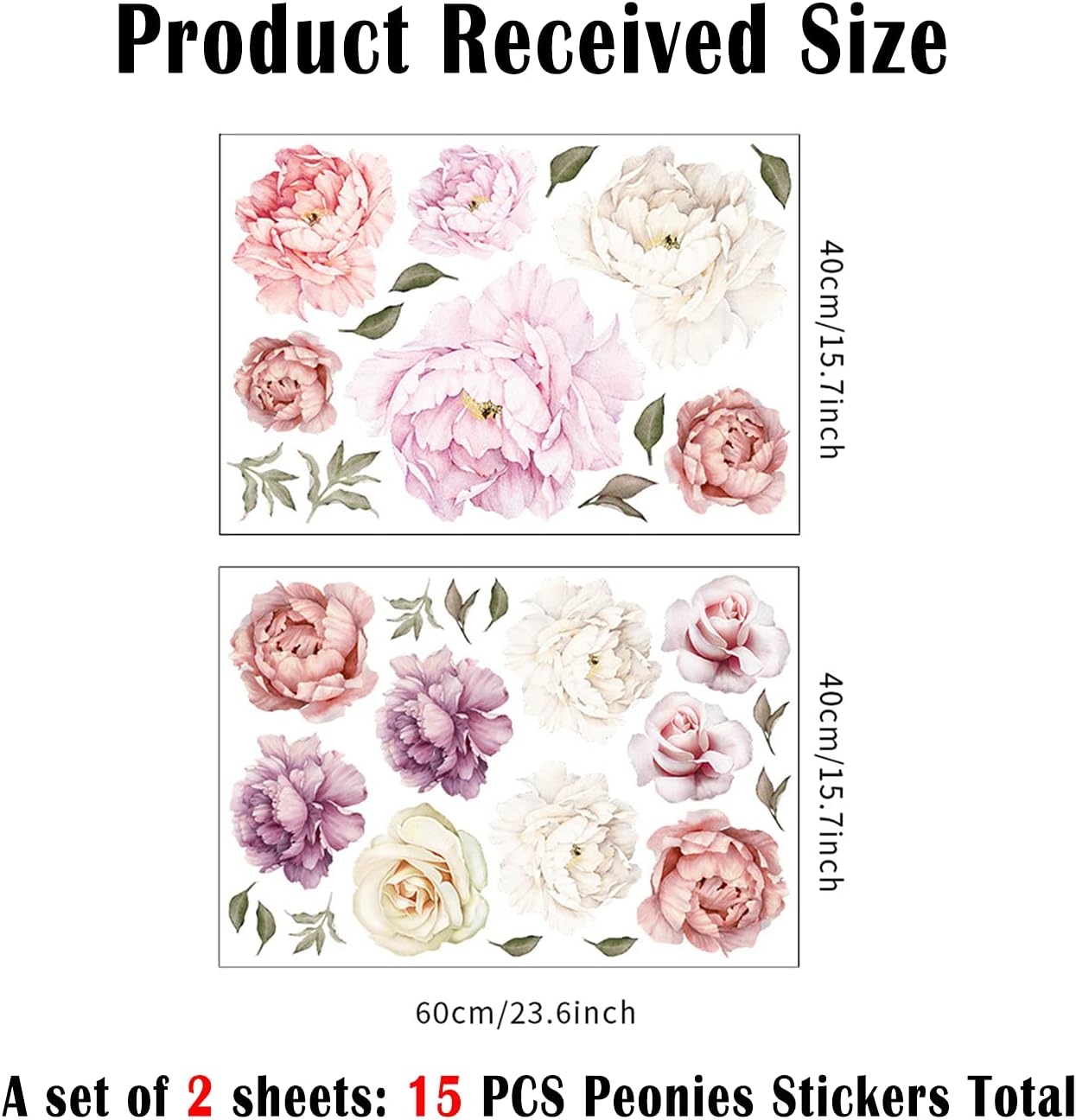 Large Floral Wall Decals 15 Peonies Stickers for Home Decor