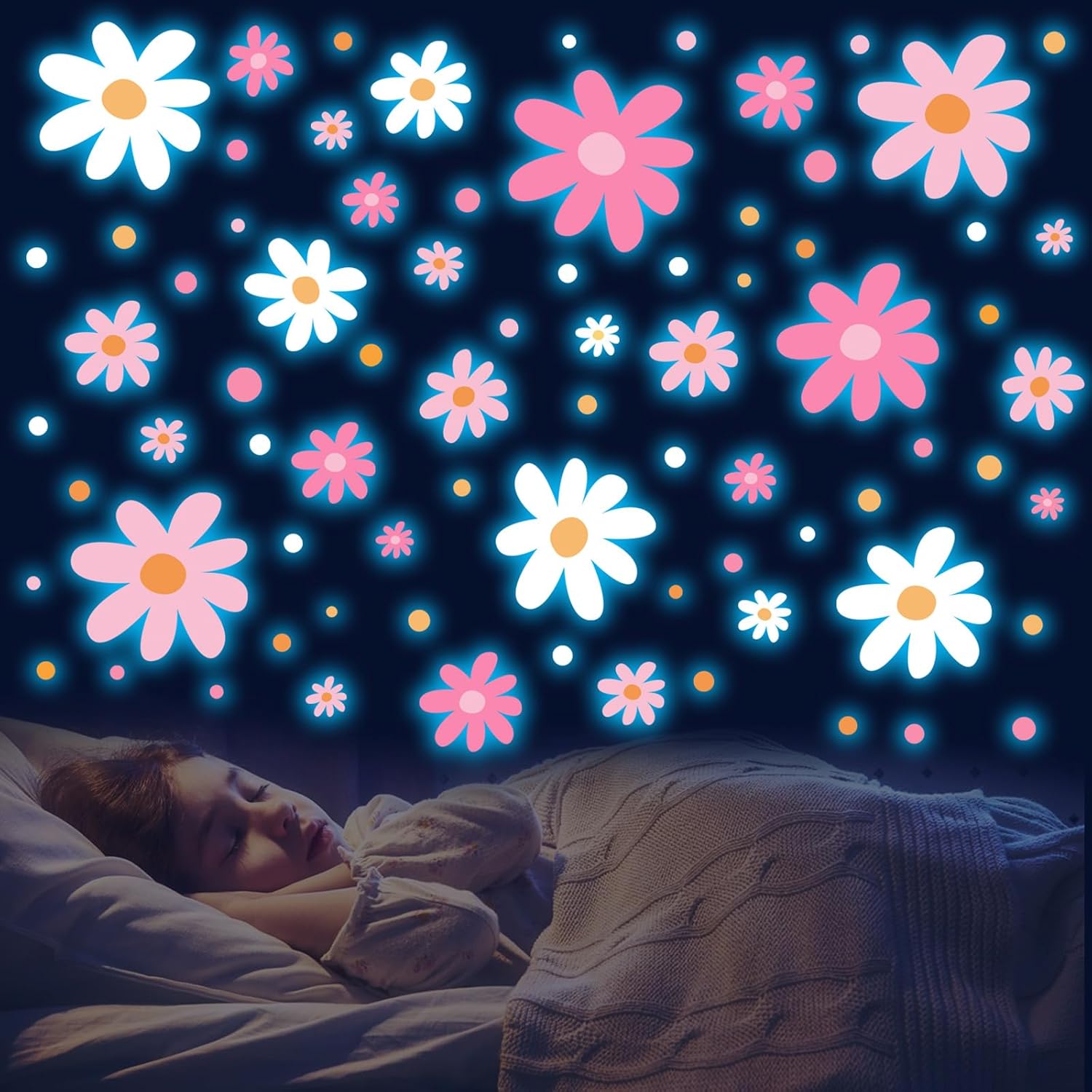 Glow in the Dark Daisy Wall Decals Set for Kids Rooms