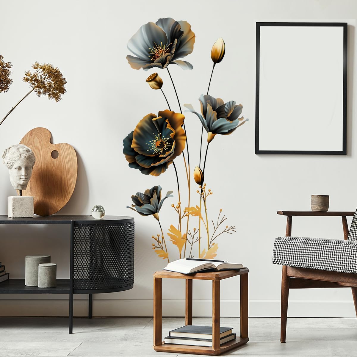 Large 3D Flowers Wall Decals - Gold and Black Design