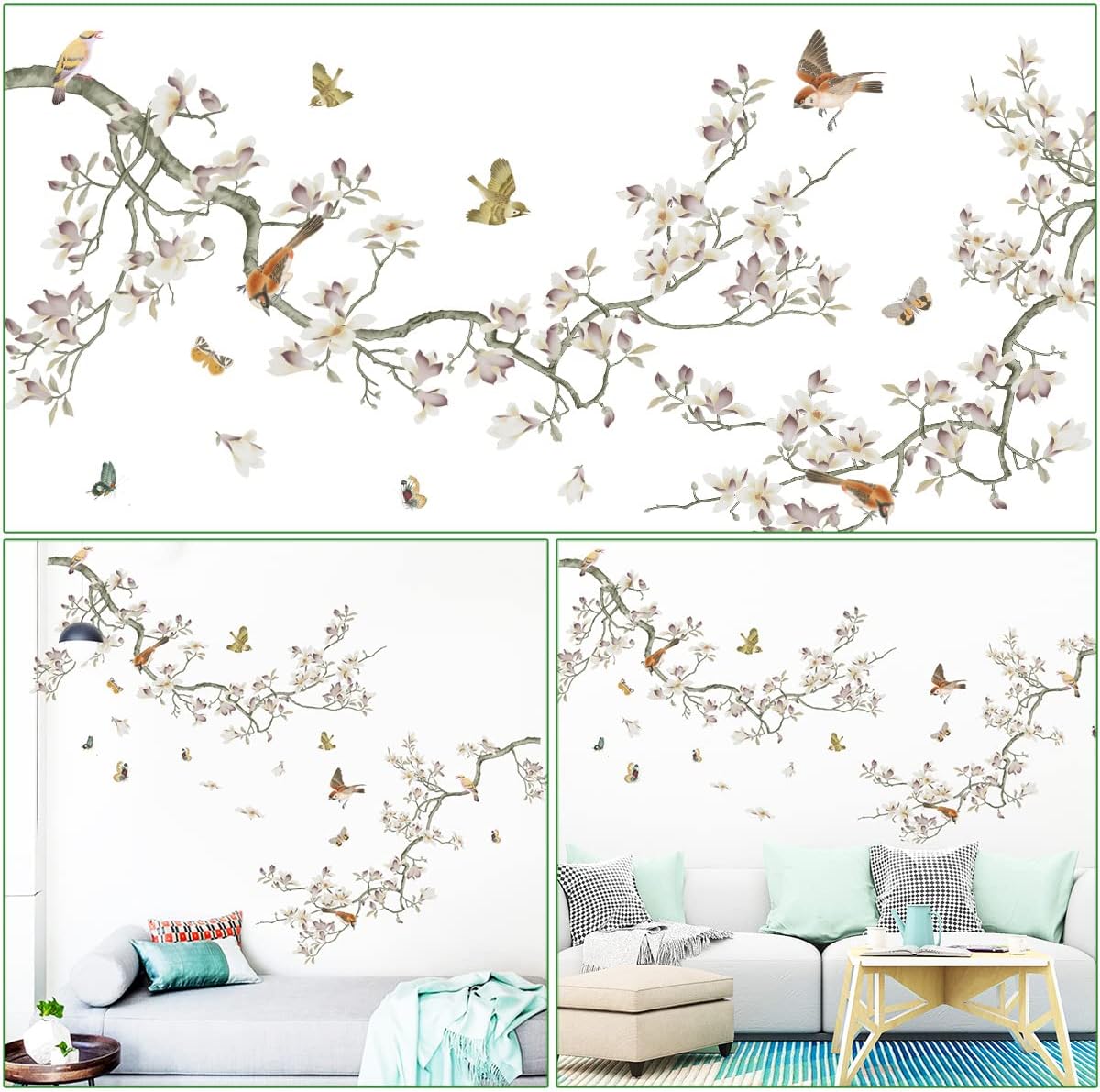 3D Curved Tree Branches with Colorful Flying Birds Wall Decals
