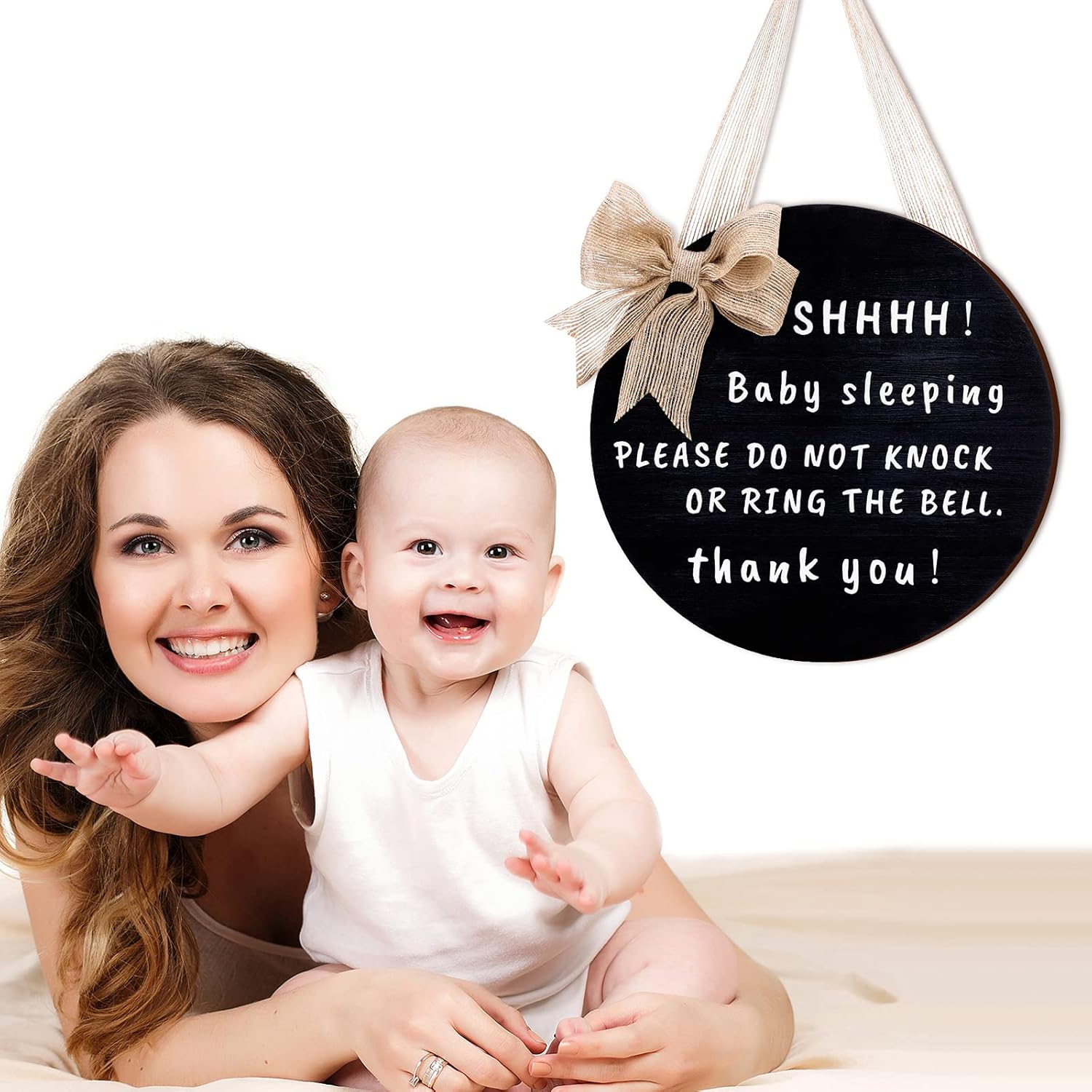 Yalikop Cute Bow Baby Door Sign 10 Inches Round Black